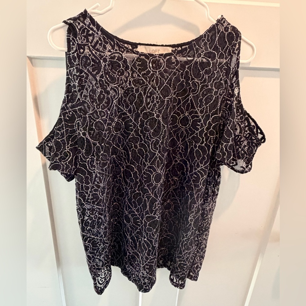 LOFT Black Lace Cold Shoulder Top Large Sheer Floral Blouse